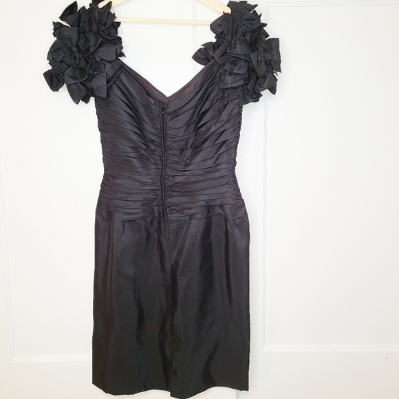Vintage 80s Tadashi Black Taffeta Bow Dress - Picture 2 of 7